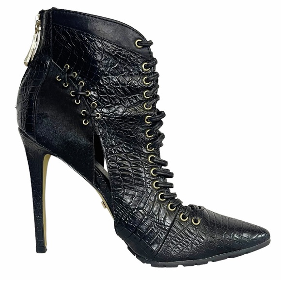 BENETTA Bebe Black Leather Calf Hair Cutout Pointy ToeStiletto Heel Ankle Bootie - Picture 4 of 9